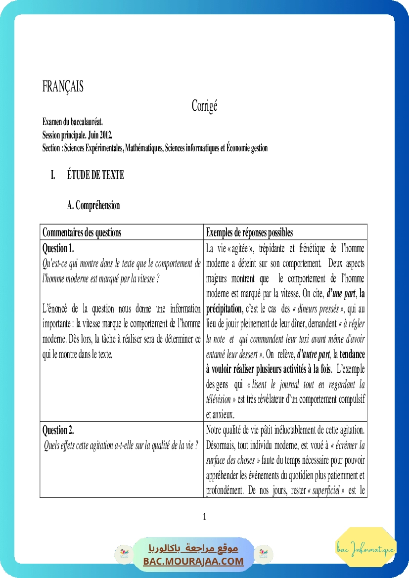 Corrigé principale francais Bac 2012 – Section info
